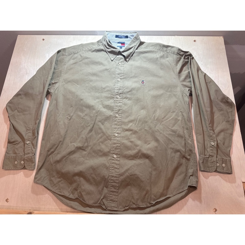 Vintage Tommy Hilfiger XL Olive Green Button Down Shirt Crest Logo 90s Y2K